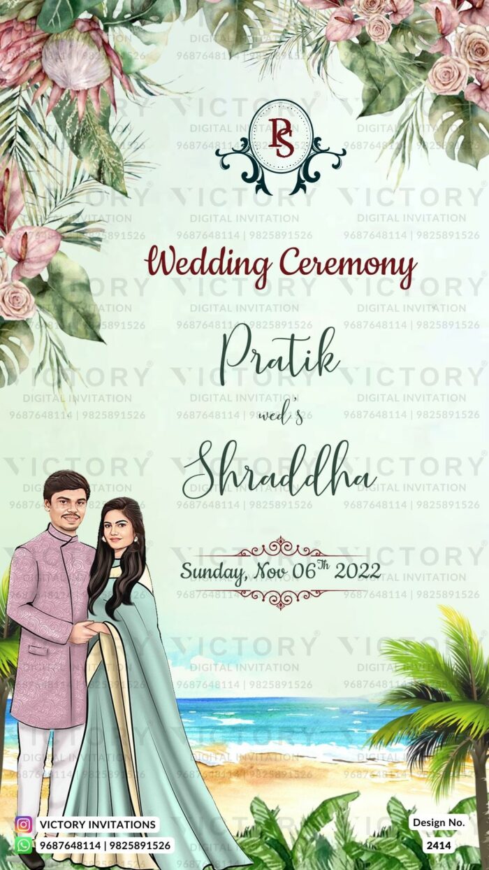 Water-colored Pastel Shaded Whimsical Tropical Theme Indian Wedding E-cards with Couple Caricature and Festive No-face Wedding Illustrations, Design no. 2414
