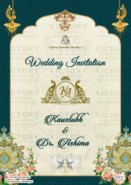 Ivory and Vibrant Shaded Traditional Vintage Theme Indian Wedding E-invitations with Classic Indian Wedding Doodle Illustrations, Design no. 2417