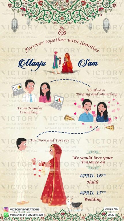 Wedding ceremony invitation card of hindu modern family in english language with love story theme design 2427