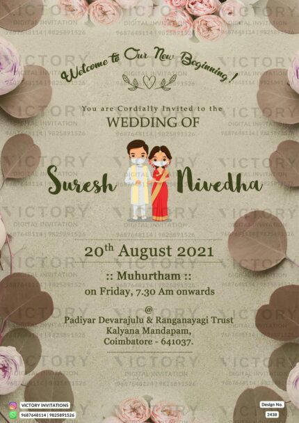 Wedding ceremony invitation card of hindu south indian tamil family in english language with minimalistic theme design 2438