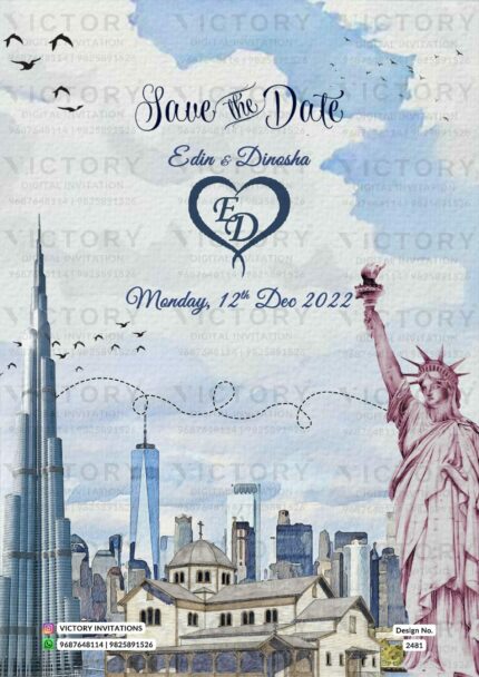 "A Captivating Victory Save the Date card features Electric Blue Skies and Manhattan's Iconic Cityscape" design no. 2481
