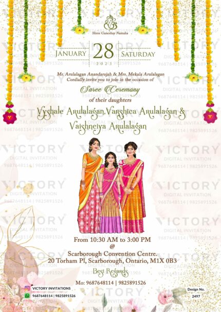 A Beautiful Saree Ceremony Invitation with Delicate Floral Motifs, Gold Outlined Poppy Accents, and Classic Caricature Illustration for a Hindu-Indian Celebration. Design no. 2497