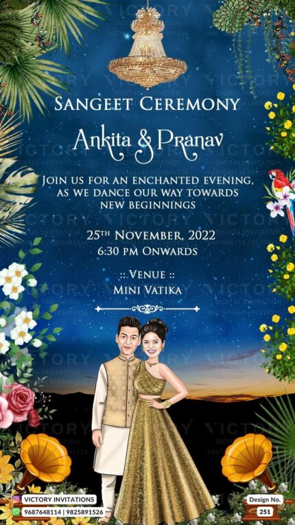 An Enchanting E-Sangeet Invite with Nile Blue Hues, a Captivating Caricature of the couple, and the Elegance of Roses and Lush Green Leaves, Design no.251