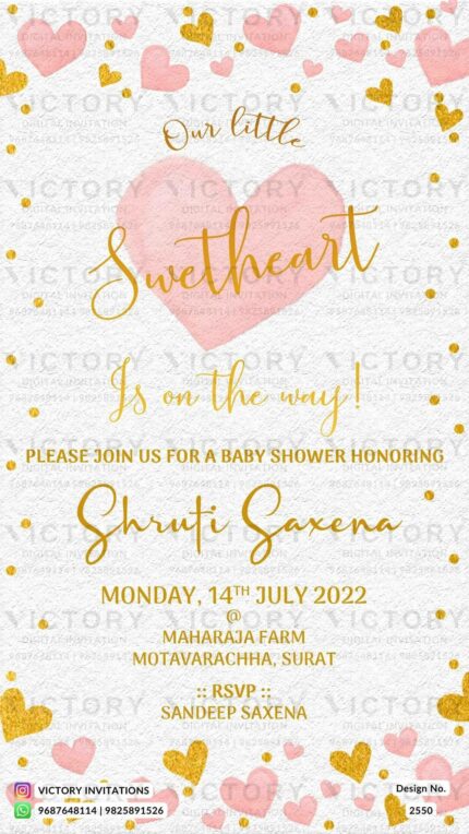 "A Digital Baby Shower Invitation with Vista White Textured Background and Delicate Mandy's Pink Hearts Border" Design no. 2550