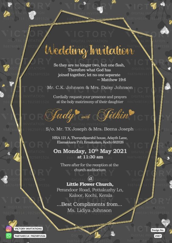 A Charcoal Grey Elegance in Victory E-Wedding Invitation adorned with a Glorious Golden Frame and Enchanting Heart Illustrations, design no.2587