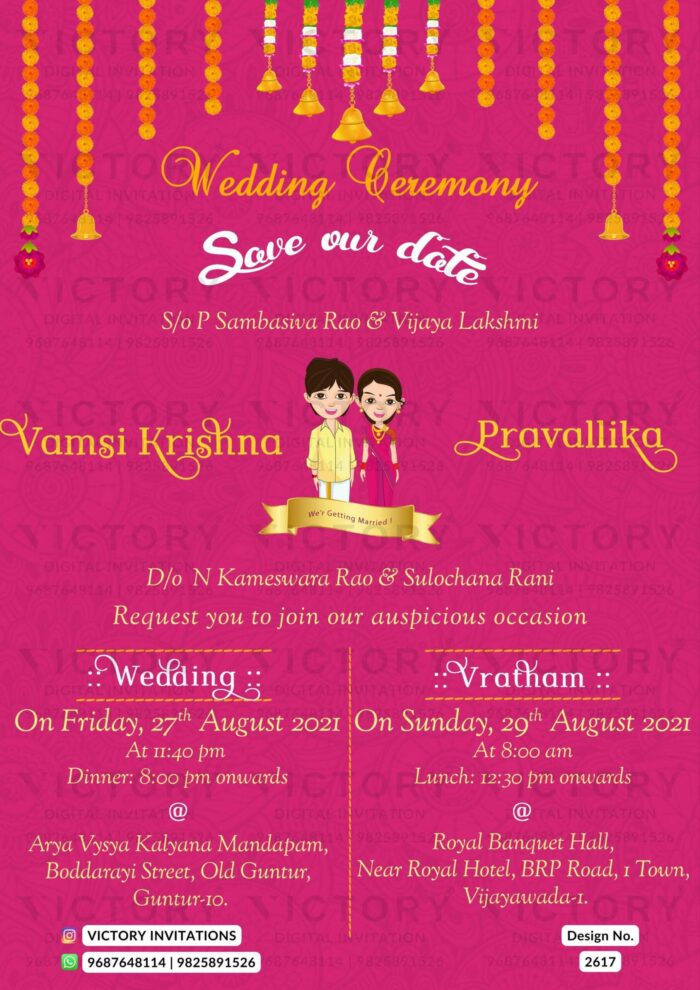 Wedding ceremony invitation card of hindu south indian telugu family in english language with traditional theme design 2617