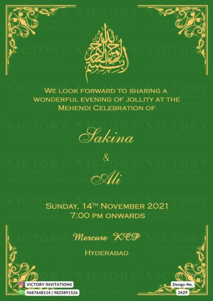 "A Digital mehndi Ceremony Invitation Card Adorned with Golden Patterns, a Stunning Allah Logo, and a Splash of Spring Green Colours" Design no. 2629