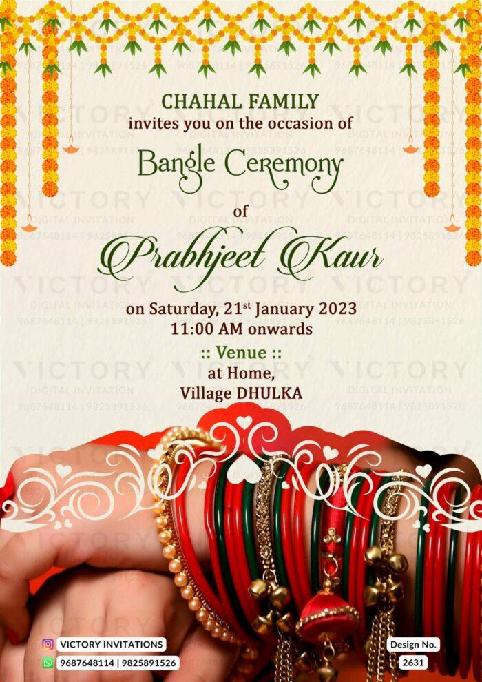 "Captivating Beauty in Soft Peach and Marigold: A Digital Bangle Ceremony Invitation Card Adorned with Real Images of Stunning Bangles" Design no. 2631