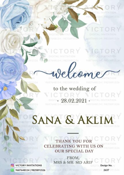 "An Exquisite Digital Wedding Invitation Card With Floral Theme and Radiant Blue and White Colour Rose Flower" Design No. 2637