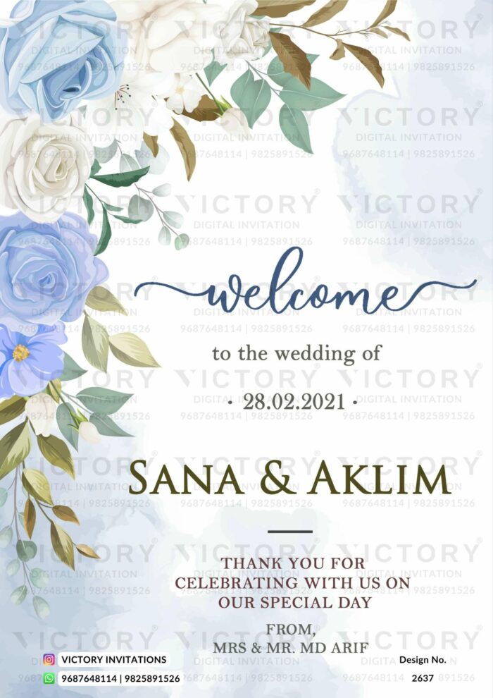 "An Exquisite Digital Wedding Invitation Card With Floral Theme and Radiant Blue and White Colour Rose Flower" Design No. 2637