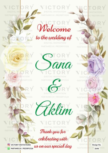 A Glowing Floral Backdrop and Elegant Frame, Cream Background for a Wedding Ceremony Welcome Standee Card" Design no. 2648
