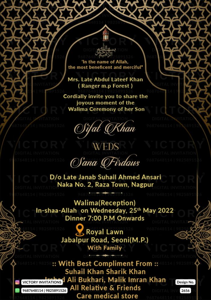"An Elegant Vintage-Themed Virtual Invitation Displaying a Double-Bordered Gold-Colored Geometric Arch Frame, Indian-Hindu Wedding Ceremony." Design no. 2656