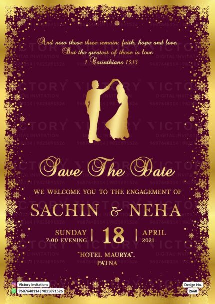 A Save the Date invitation with Classic Burgundy and Gold Invite with stunning Couple Doodle, design no. 2668