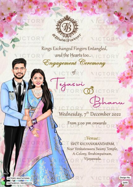 An Exquisite Virtual Engagement Invitation Card with Watercolor Floral Patterns, Couple Logo, Caricature Illustration, and Heartwarming Details for an Indian-Hindu Ceremony. Design no. 2690