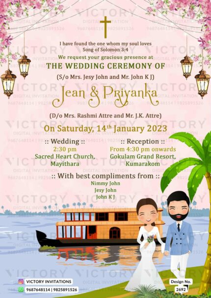 "A mesmerizing digital wedding ceremony invitation card design featuring a couple's doodle, a serene river, a charming boat, and a natural theme" Design no. 2692