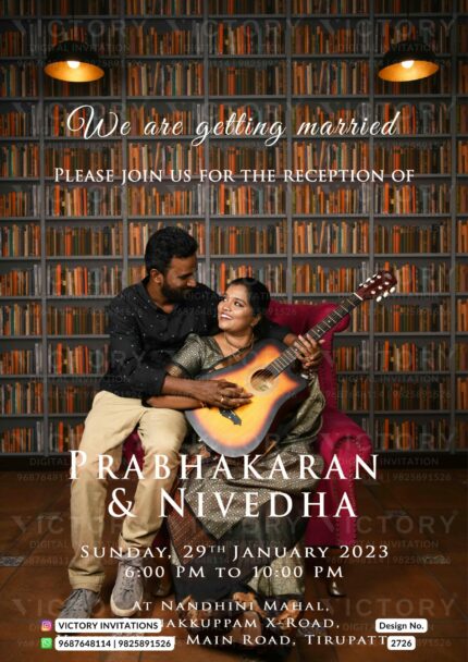 A Dazzling Symphony Library-themed Digital Wedding Invitation Card, Where Literature and Romance Converge in a Mesmerising Portrait of the Couple, Design No. 2726