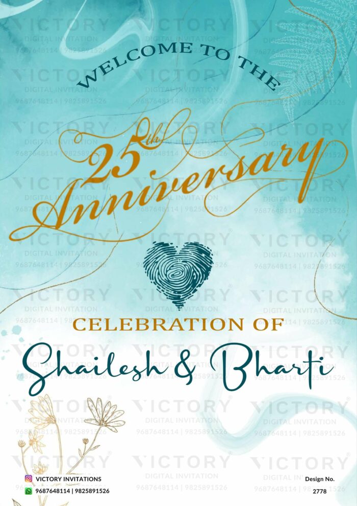 A Captivating Wedding Anniversary Invitation Card, Set on a Pale Cornflower Blue Canvas Adorned with a Delicate Fingerprint Heart Illustration. Design no. 2778