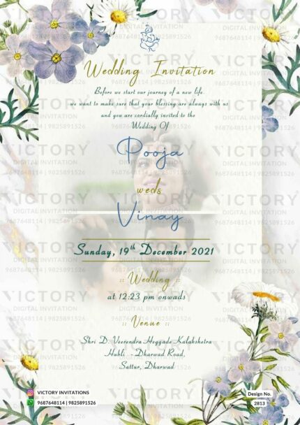 Wedding ceremony invitation card of hindu south indian kannada family in english language with floral couple photo theme design 2813