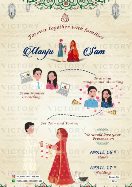 Wedding ceremony invitation card of hindu modern family in english language with love story theme design 2814