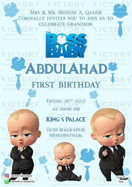 A Mesmerizing E-invitation to Celebrate a Milestone Birthday with the Captivating Boss Baby and a Symphony of Alice Blue, Delightful Poses. Design no. 2818