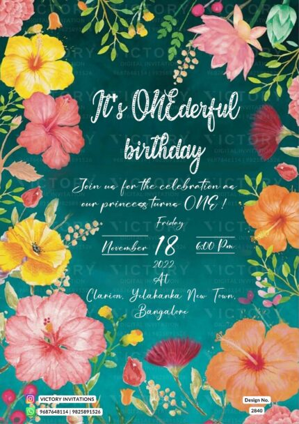 "A Stunning Digital Invitation Card for a Little Girl's First Birthday Set on a Beautiful Aqua Deep Green Background and Adorned with a Mesmerizing Watercolor Jasmine Flower" Design no. 2840