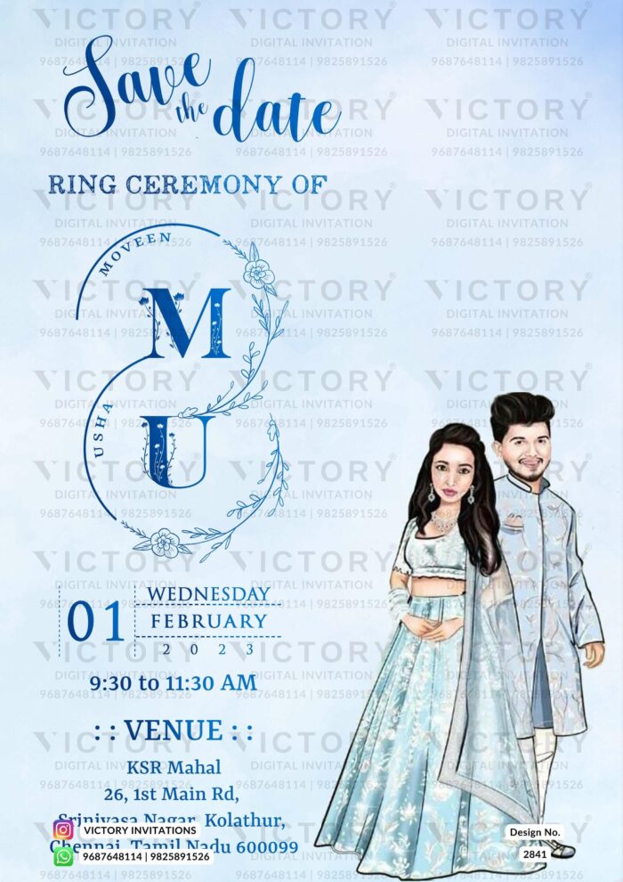 A Breathtaking Digital Masterpiece with a Captivating Caricature, Exquisite Logo, and Mesmerizing Blue Background Color for an Enchanting Engagement Ceremony. Design no. 2841