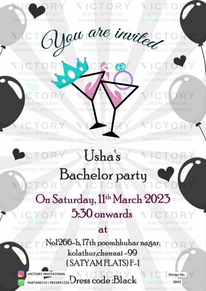 A Dazzling E-invitation for an Unforgettable Bachelor Party with Balloons on Milk White Backdrop. Design no. 2842