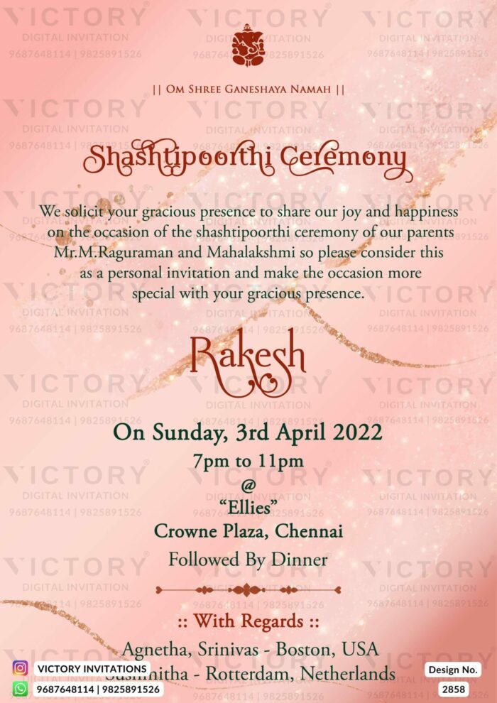 "Shashtipoorthi Ceremony Invitation with Ruddy Pink, Tea Rose, Oyster Pink, and Pale Salmon Colors, Featuring Lord Ganesha" Design no. 2858