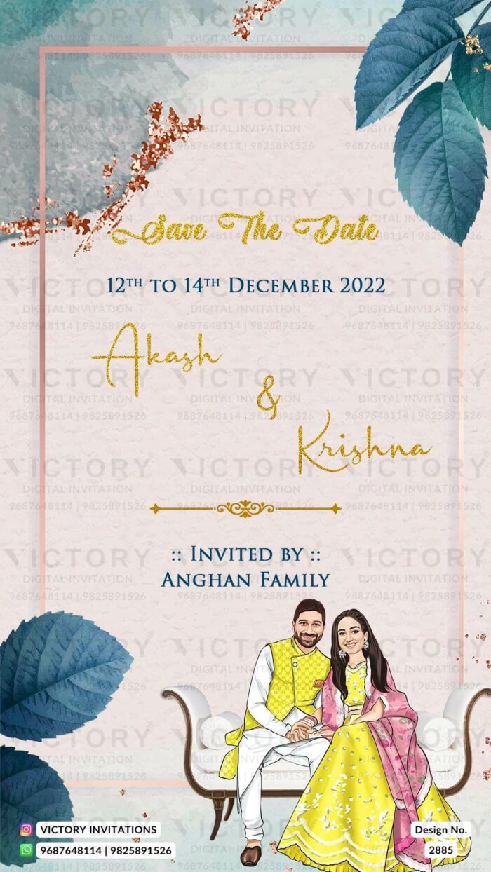Rustic Floral Theme Save the Date Invitation with a Couple of Caricatures on a Milky Cream Texture Background. Design no. 2885