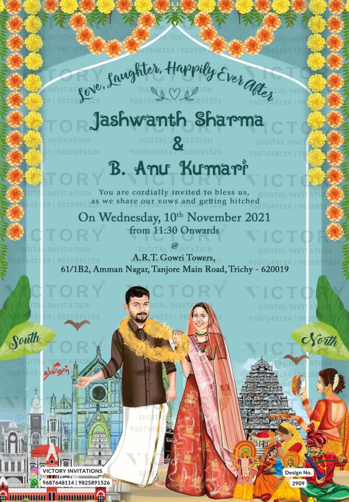 A Captivating Digital Wedding Invitation Card Infused with Enchanting Caricatures, a Vibrant Two-State Theme, and the Mesmerizing Rhythms of North Folk Dance. Design no. 2909