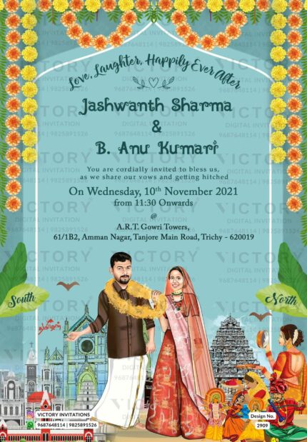 Romantic couple caricature invitation card for the wedding ceremony of Hindu south indian tamil family in english language with two-state theme design 2909