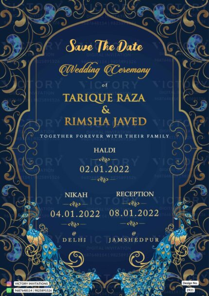 A Digital Wedding Ceremony Invitation Card with Royal Blue Elegance, Stunning Peacock Accents, and Opulent Golden Designs. Design no. 2921