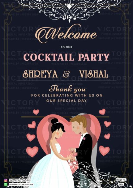 "A Ravishing Digital Cocktail Party Invitation Featuring a Mesmerising Couple Doodle and Golden Designer Frame" Design no. 2924