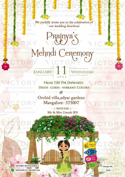 Shimmering Blush Pink Whimsical Theme Indian Mehendi E-invitation with Mehendi Bride Doodle, beautiful Swing illustration, and Marigold flowers, design no. 2950