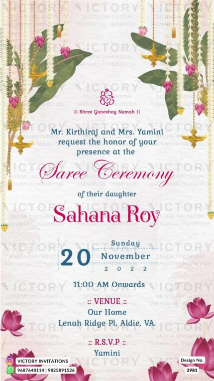 "Indulge in the Beauty of Tradition with Our Divine Digital Saree Ceremony Invitation Card: A Mesmerising Design by Victory Invitation Featuring Lotus Flowers, Palm Trees, and a Serene Cream Texture Background" Design no. 2981