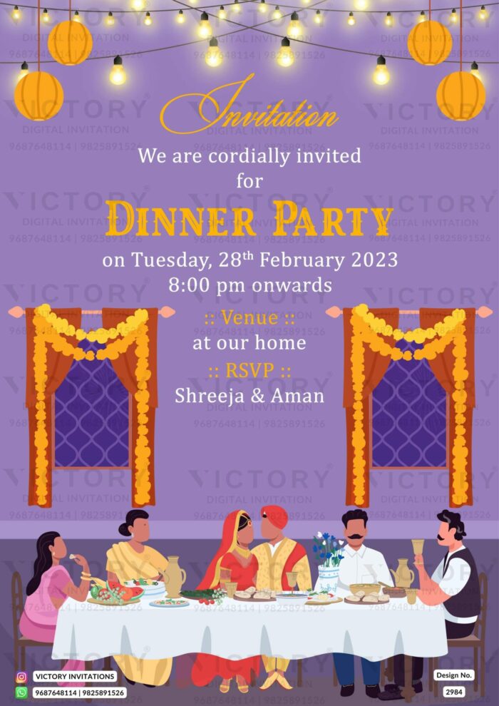 "Enchanting Rajasthani-inspired Digital Dinner Party Invitation Card with Glowing Hanging Lantern and Charming Family Doodles" Design no. 2984