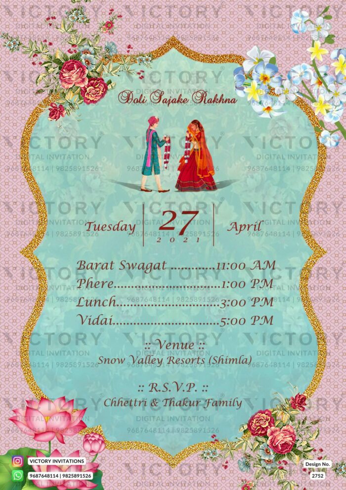 Pastel Pink and Blue Vintage Floral Theme Indian Wedding Save the Date Invitations with Classic Indian Wedding Couple Doodle Illustrations, Design no. 2752