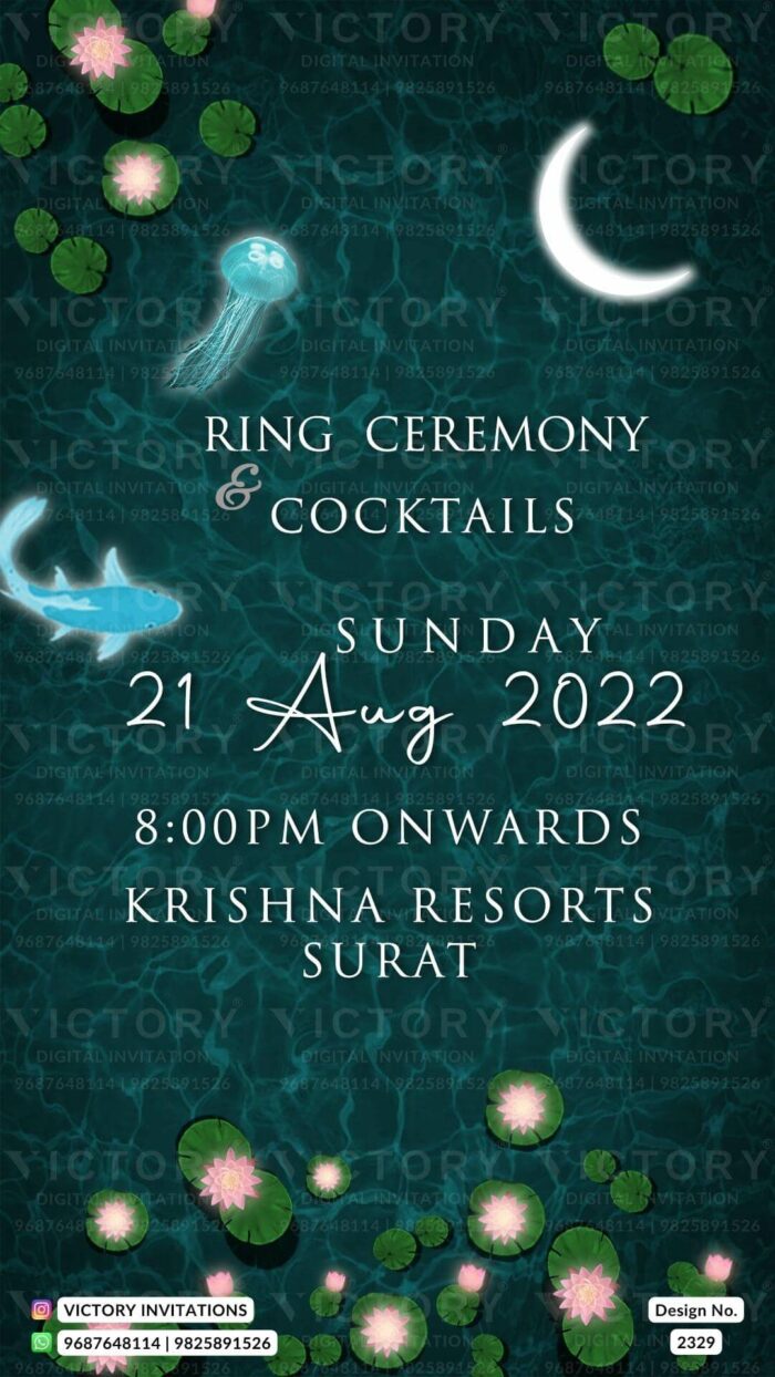 Teal and Pink Whimsical Water Theme Indian Electronic Ring Ceremony Invitation Cards, Design no. 2329