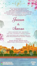 Luxurious Pastel Shaded Vintage Whimsical Garden Theme Indian Wedding E-invites with Indian Wedding and Folk Artists Illustrations, Design no. 2774