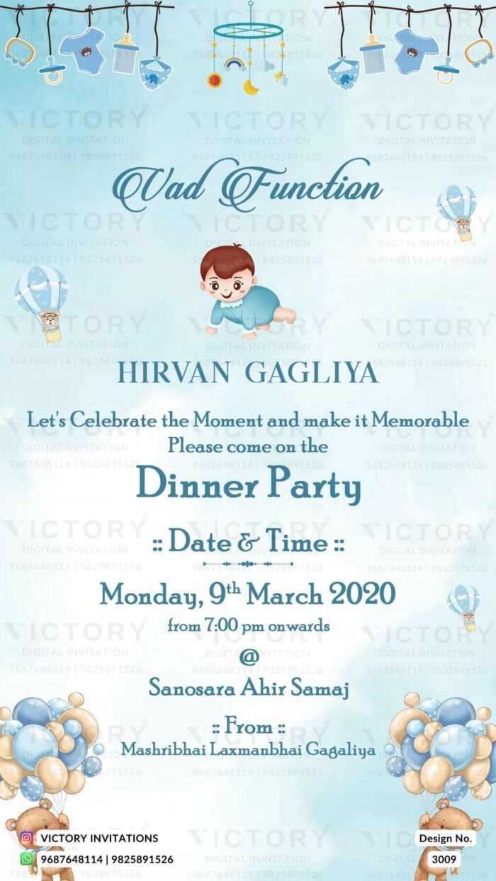 "A Glorious Vad Ceremony e-invite with Albescent White and Sky Blue Canvas, Adorned with Playful Baby Doodles." Design no. 3009