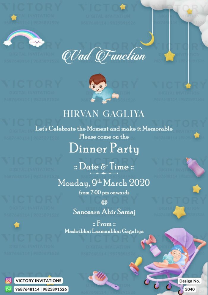 "Vad Ceremony Invitation with a Faded Blue Background, Enlivened by a Playful Crawling Baby Doodle and Adorned with a Charming Baby Stroller" Design no. 3040