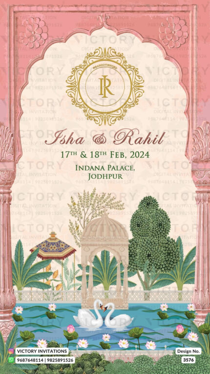 Wedding ceremony invitation card of hindu rajasthani royal family in English language with Traditional theme design 3576