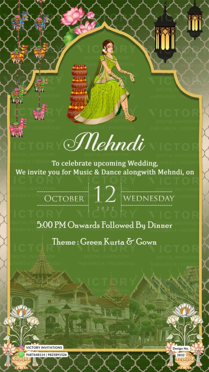 Pastel and Vibrant Shaded Traditional Vintage Theme Indian Wedding E-cards with Classic Wedding Doodles and Location Illustrations, Design no. 2832