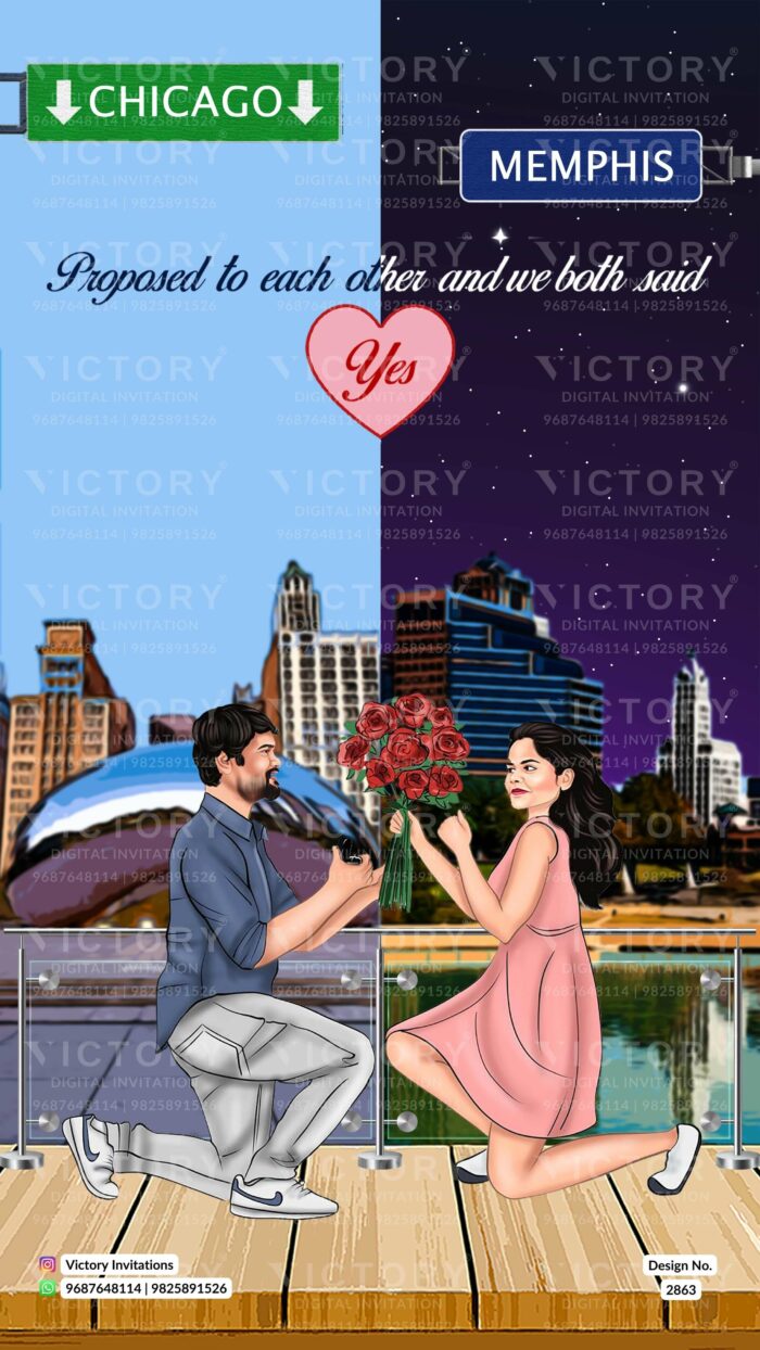Pastel and Vibrant Shaded Whimsical Floral Theme Indian Wedding E-cards with Couple Caricature and Captivating Location Skyline Illustrations, Design no. 2863