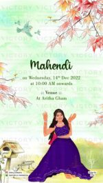 Water-colored Blue and Green Classic Whimsical Garden Theme Indian Wedding E-invitations with Festive Bride and Groom Caricature Illustrations,