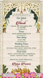 Floral Theme Wedding Invitation card featuring mesmerizing texture background, vintage peacock, and temple bells. Design no. 2879