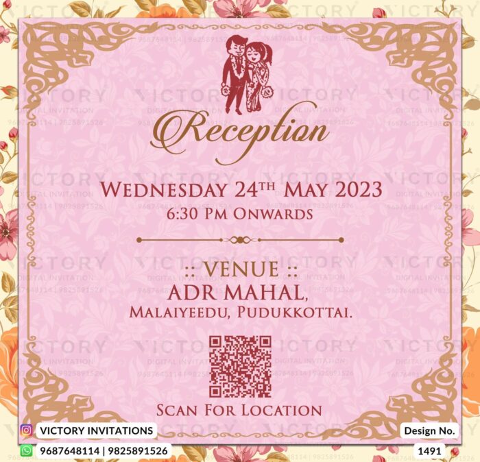 A Celestial E -Wedding invite with Pale Pink Backdrops, Ganesha's logo, Glided Frames, Dazzling Couple Doodles, and Vintage Floral Delights, Design no.1491