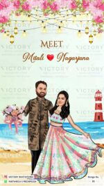 Water-colored Blue and Ivory Whimsical Theme Indian Wedding E-invites with Couple Caricature and Location Illustrations, Design no. 51