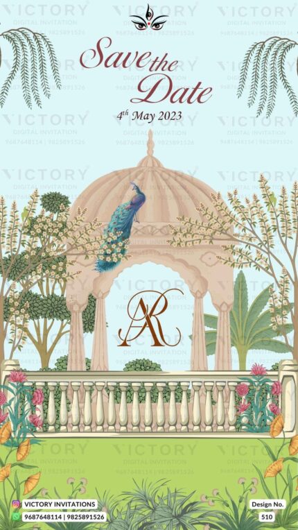 Pastel and Vibrant Shaded Vintage Whimsical Theme Indian Wedding Save the Dates Invites with Indian Location Illustrations, Design no. 510