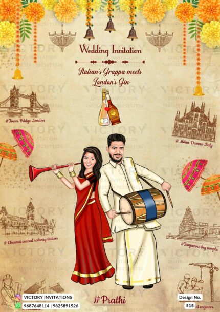 Playful couple caricature invitation card for wedding ceremony of hindu south indian tamil family in english language with Traditional theme design 515